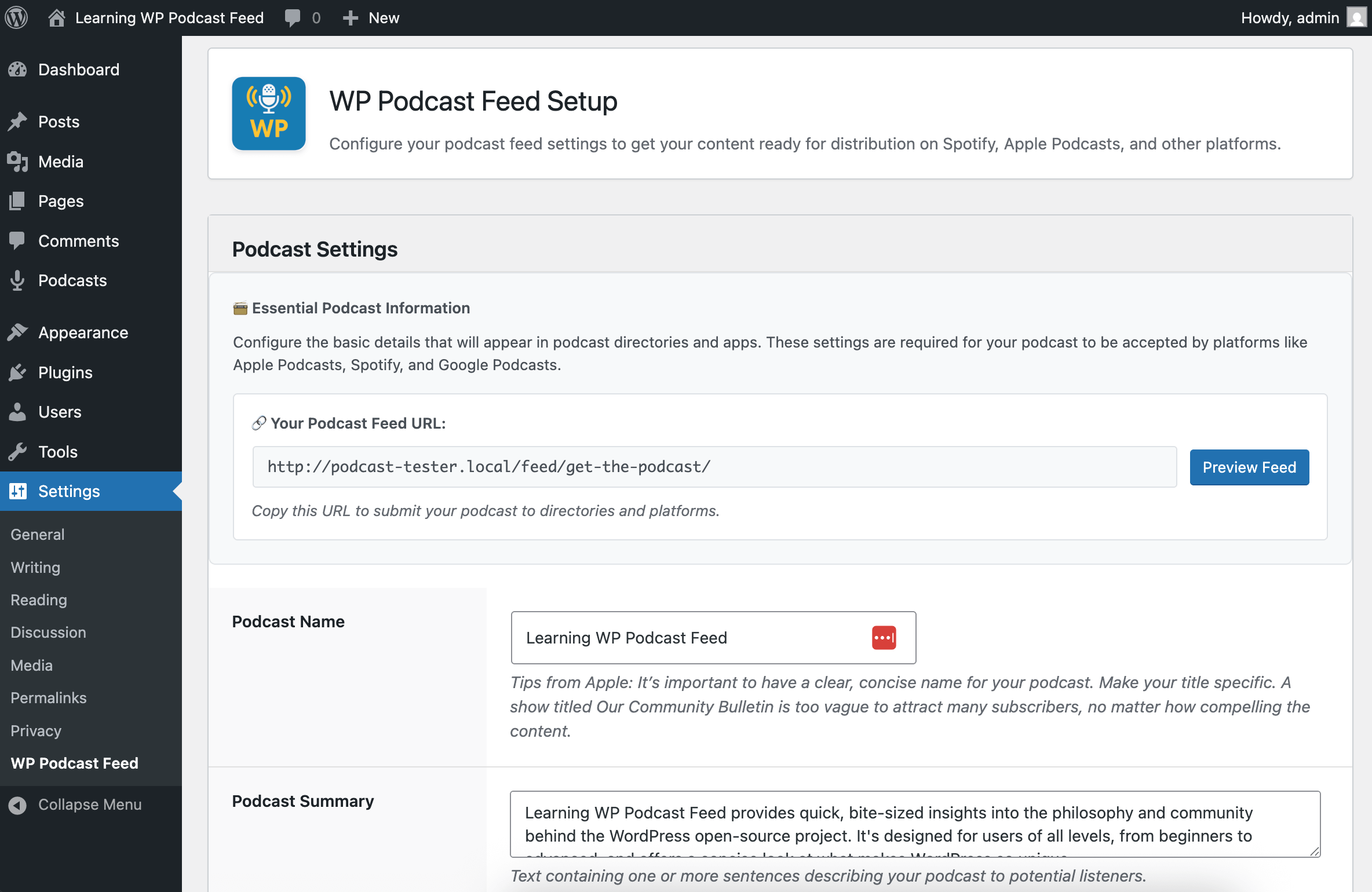 WP Podcast Feed Plugin Interface